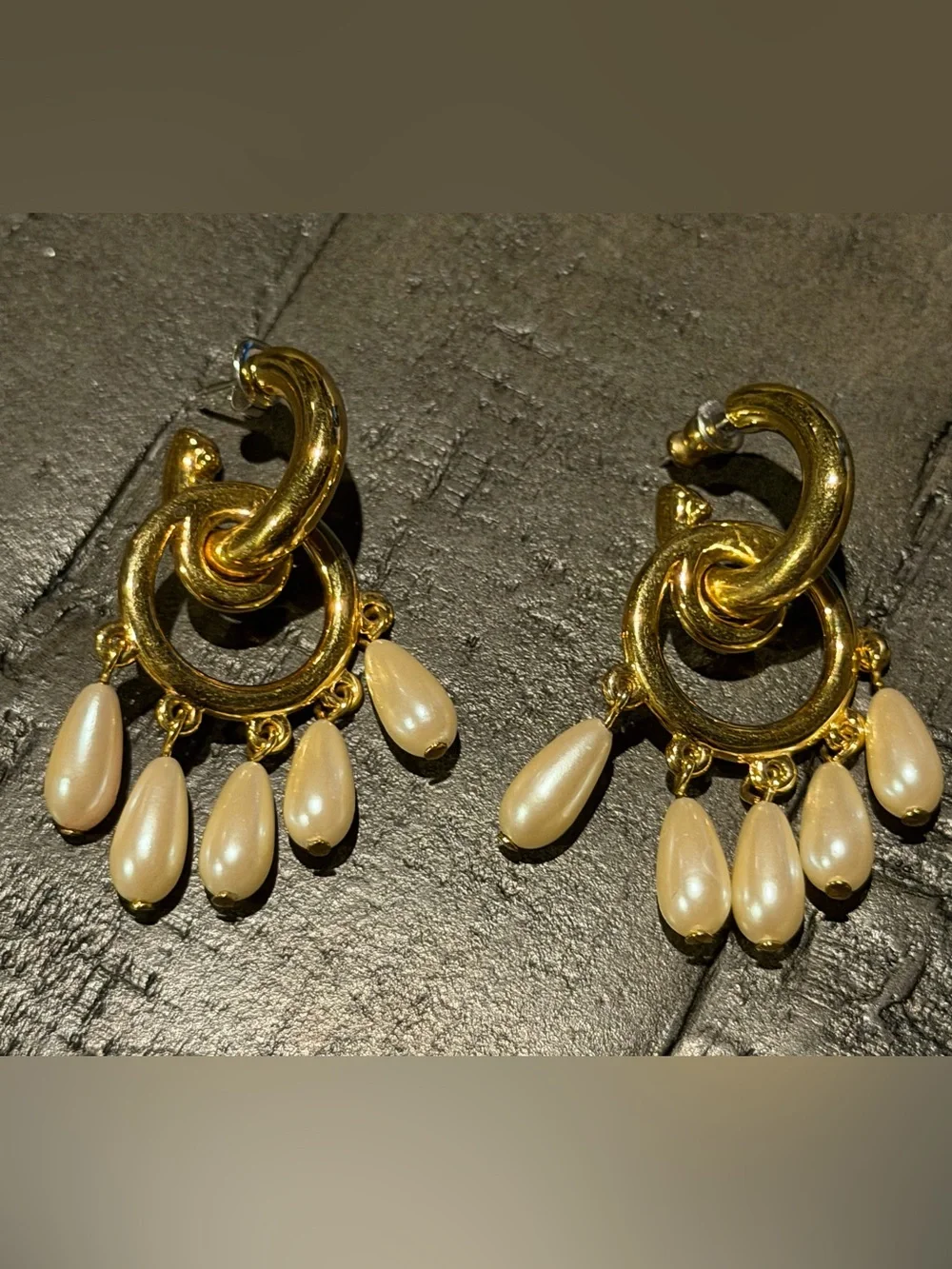 Vintage Gold Hoop Drop Pearl Earrings - Women Jewelry